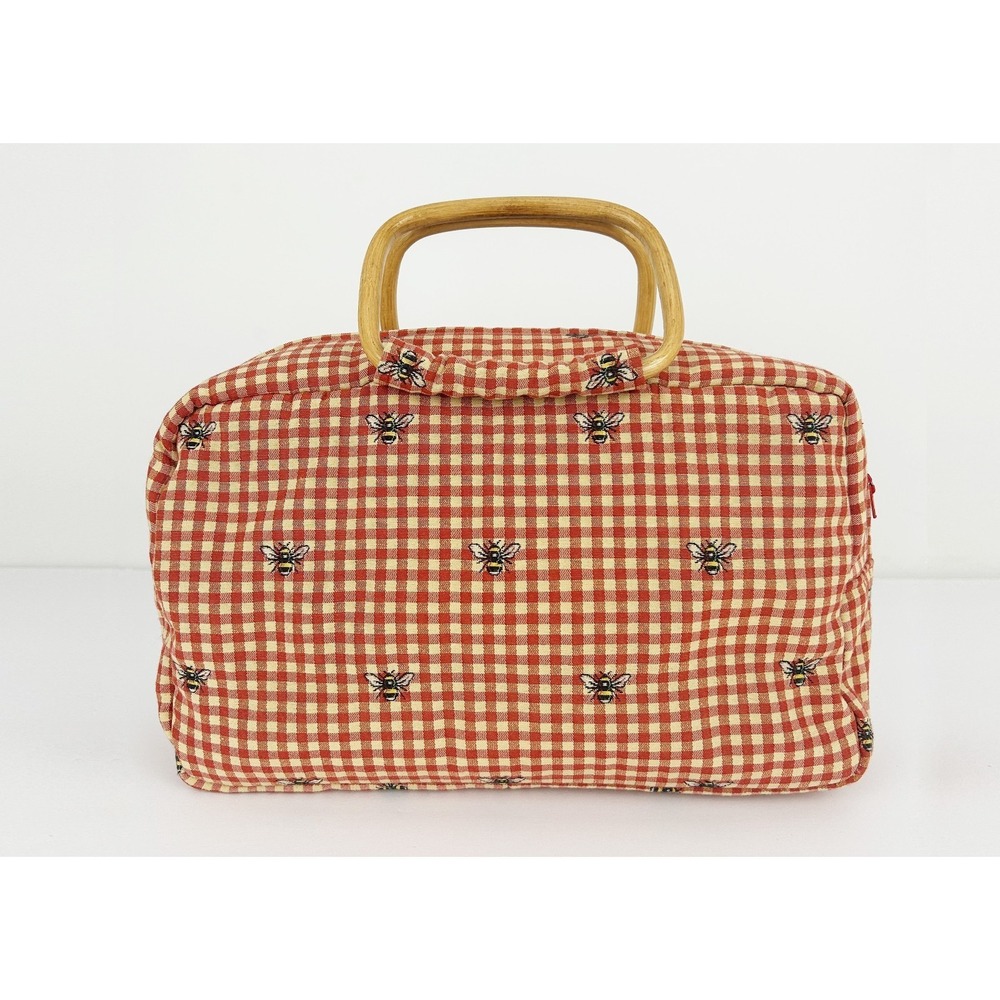 Bee Gingham Top Handle Handbag Bamboo Handle Coastal Preppy Handmade Purse